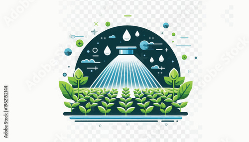 Smart Farming and Precision Agriculture Icon. Automated Irrigation System Watering Green Crops Field. Digital Agriculture Technology and Sustainable Water Management Concept.