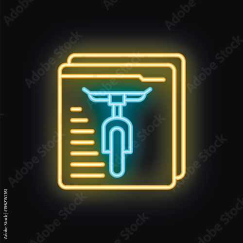 Glowing neon line icon illustration of a bike rental app with a smartphone and a bicycle inside