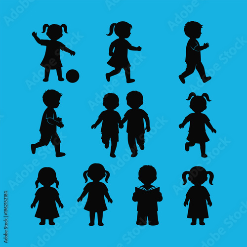 Diverse collection of children silhouettes engaged in playful and everyday activities, representing the innocence and vibrant energy of early childhood development
