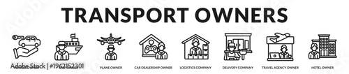 Professional banner featuring transportation related business owners involved in logistics, travel services, and vehicle commerce industries in Lineal Icon Style