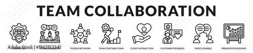 Professional banner representing team collaboration processes including meetings, discussions, feedback exchange, and cooperative project development in Lineal Icon Style