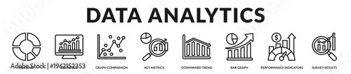 Professional banner highlighting analytical tools used for measuring business performance, visualizing statistics, and evaluating organizational results in Lineal Icon Style
