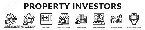 Professional banner illustrating investors managing property assets including hotels, venues, and franchise based hospitality enterprises in Lineal Icon Style
