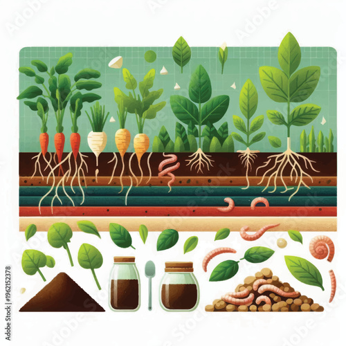 Soil Health Cross Section Diagram: Sustainable Organic Gardening, Root Systems, Earthworms, and Vermicomposting Process Illustration.