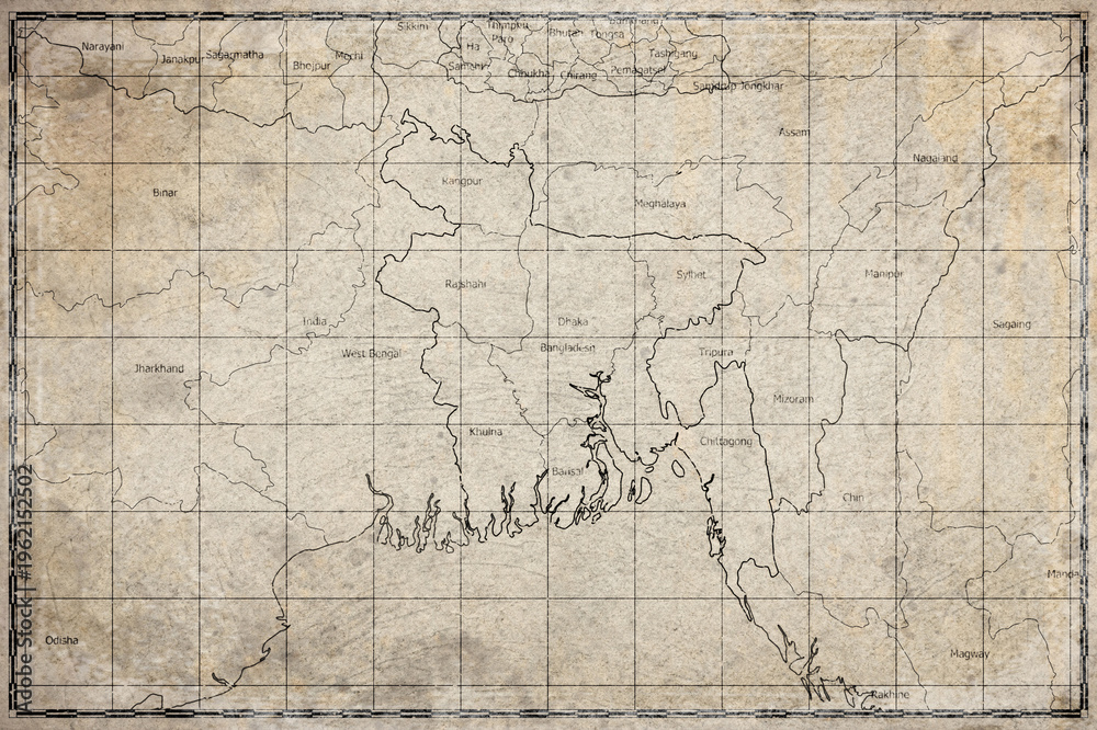 Obraz premium Vintage Map Of Bangladesh With District Boundaries On Retro Paper Background