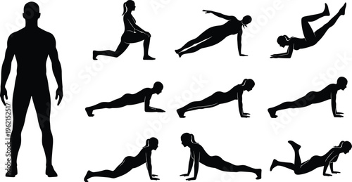 WebFitness silhouette set with women doing plank, pushup, lunges, and man standing, workout exercise collection for health and wellness activity