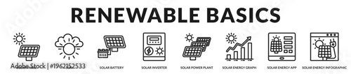 A clean and modern banner presenting fundamental solar energy components and digital monitoring tools in Lineal Icon Style