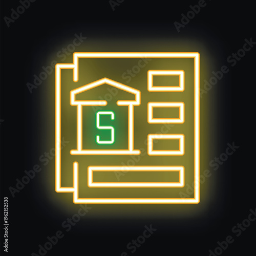 Glowing neon icon of bank statement representing financial report, banking and financial operations
