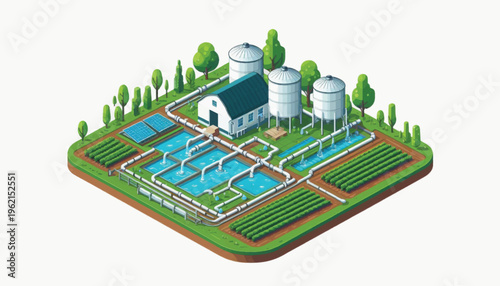Isometric Smart Farm Illustration: Sustainable Agriculture, Water Management, Silos, and Crop Production System