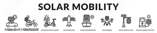 A dynamic banner highlighting solar-powered transportation and smart mobility infrastructure solutions in Lineal Icon Style