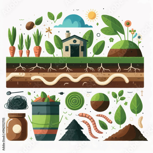 Sustainable Organic Farming Illustration: Soil Ecosystem, Composting Process, Healthy Ground Layers, Agriculture, and Ecological Garden Design