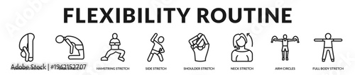 Professional banner showcasing a complete flexibility routine focused on improving mobility, posture alignment, and muscular relaxation in Lineal Icon Style