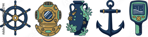 Vintage Maritime Archaeology Vector Set Featuring Antique Diving Helmet Ship Wheel Ancient Amphora Anchor and Modern Sonar Scanner for Underwater Exploration Designs