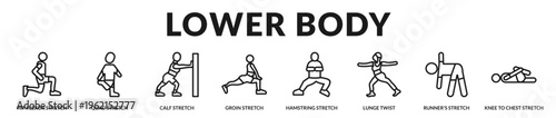 Professional banner highlighting lower body stretches designed to improve hip mobility, leg flexibility, and athletic recovery in Lineal Icon Style