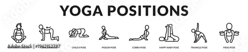 Professional banner presenting essential yoga poses that enhance flexibility, breathing awareness, and balanced body movement in Lineal Icon Style