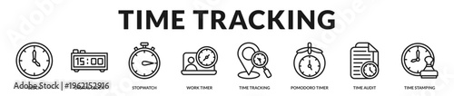 Professional banner illustrating time tracking tools used for monitoring productivity, measuring task duration, and organizing work schedules in Lineal Icon Style