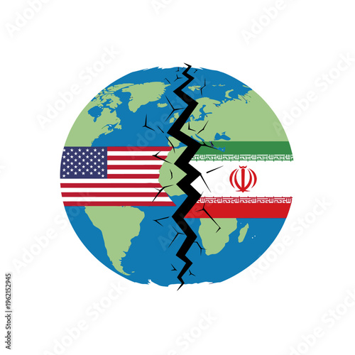 US Iran Conflict Globe Illustration Political Tension World Map Divided Nations Flag Graphic Design International Relations Geopolitical Symbolism