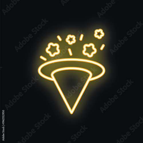 Yellow neon icon of a magic hat floating in the dark with stars appearing from it