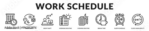 Professional banner illustrating work schedules including office hours, shifts, routines, and balanced rest cycles in Lineal Icon Style