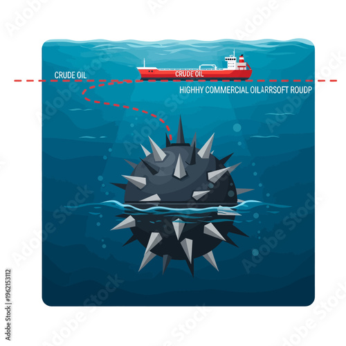 Oil Tanker Navigation Hazard Illustration Crude Oil Leak Underwater Mine Field Maritime Safety Diagram Shipping Route Risk Assessment