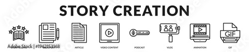 Professional banner presenting multimedia storytelling formats including writing, video, podcasts, animation, and creative narrative production in Lineal Icon Style