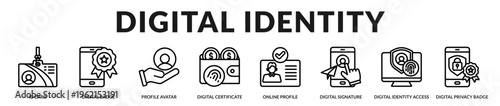 Professional visual collection representing secure digital identity credentials, verified profiles, and certified digital documentation used in modern authentication systems in Lineal Icon Style