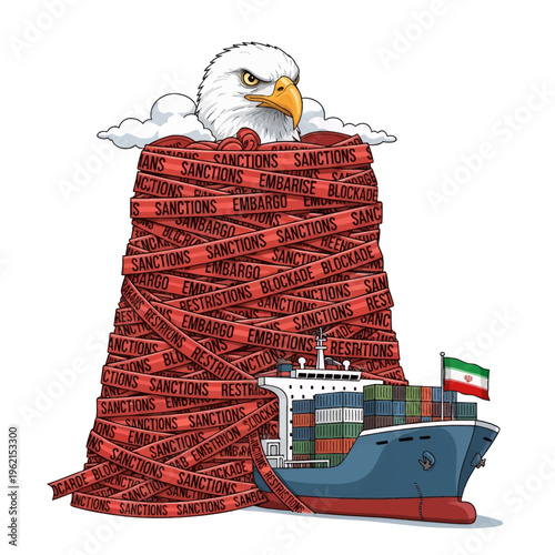 US Sanctions Iran Political Cartoon Eagle Head Ship Embargo Restrictions Trade War Illustration Commentary Analysis