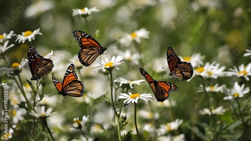Monarch butterflies gracefully hovering near delicate daisies in a meadow