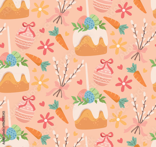 Seamless Easter pattern with traditional cakes, pussy willow and carrots, spring holiday background with decorated eggs on orange vector wallpaper