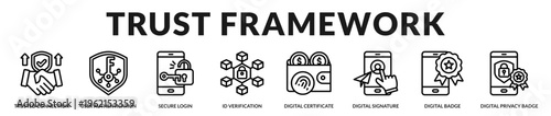Professional representation of trusted digital verification frameworks used for identity validation, secure credentials, and authenticated online access systems in Lineal Icon Style