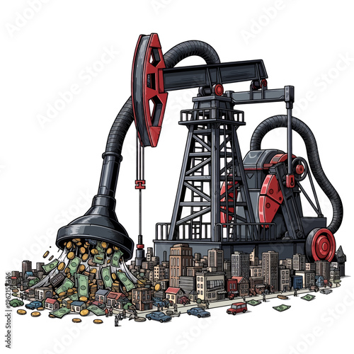 Oil Derrick Consuming City Money Illustration - Finance Crisis Cartoon Graphic Art Stock Image Concept