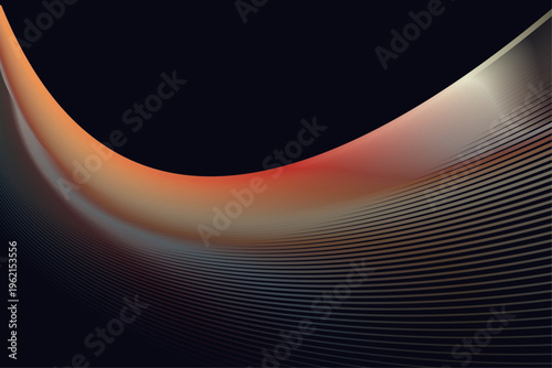ダークトーンに浮かび上がるオレンジの光沢カーブと細密ラインが織りなす近未来的な高級感のある抽象背景