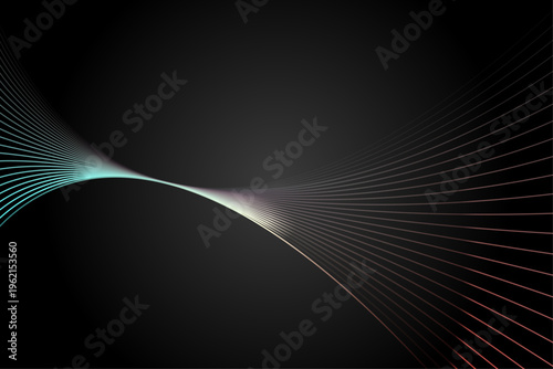暗いグラデーション空間に滑らかに広がる光の曲線ラインが交差する近未来的テクノロジー抽象背景デザイン