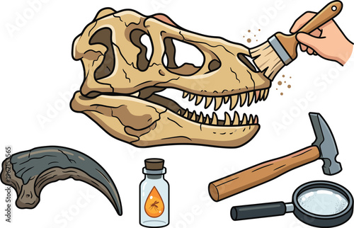 Paleontology Discovery Vector Set Featuring Dinosaur Skull Fossil Excavation Brush Raptor Claw Amber Mosquito Hammer and Magnifying Glass for Science Education