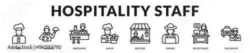 Professional banner presenting hospitality and food service professions responsible for dining, food preparation, and customer service experiences in Lineal Icon Style