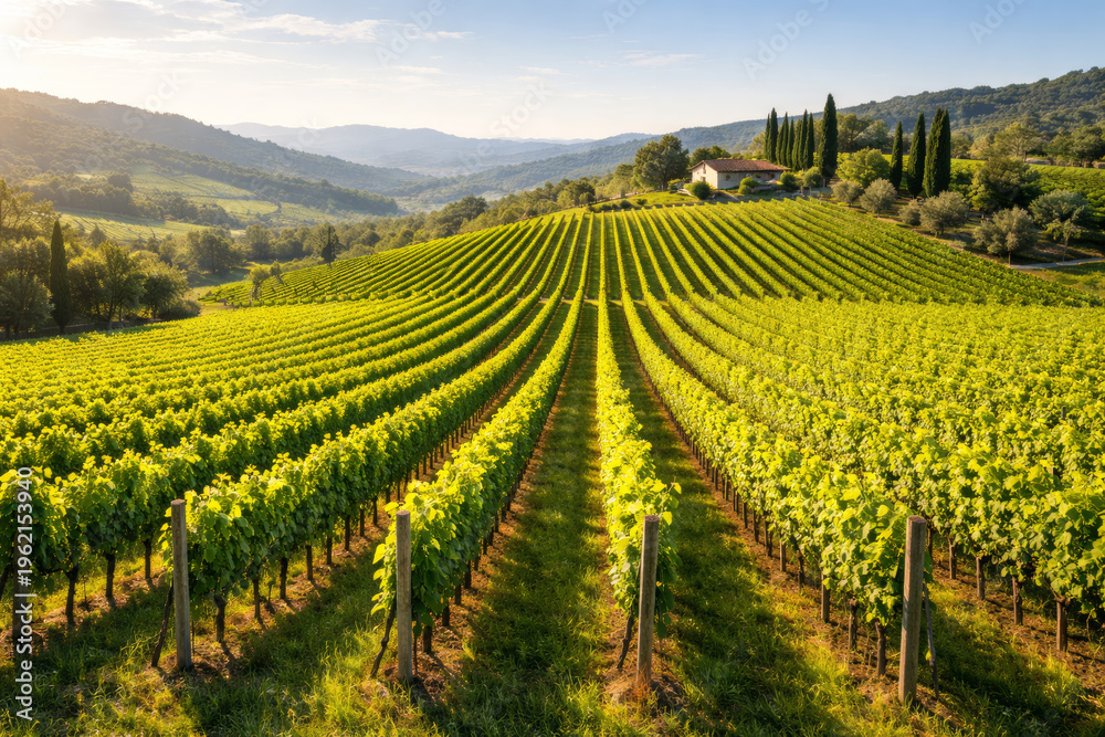 Obraz premium Lush vineyard landscape under the morning sun in rolling hills