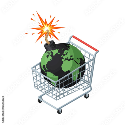 Earth Bomb in Shopping Cart Illustration Global Crisis Economic Collapse Environmental Disaster Stock Image Cartoon Vector Graphic Concept Art