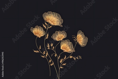 Elegant golden flowers on a dark black background for luxury floral decoration
