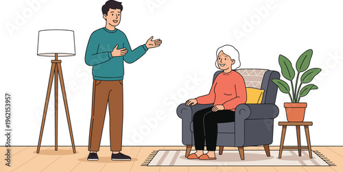 WebHappy Young Man Visiting Senior Woman at Home Vector Illustration of Grandson Talking to Grandmother in Cozy Living Room Setting