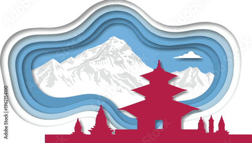 Serene Flat Vector Illustration of Traditional Nepali Temple in Himalayan Mountains for National Day