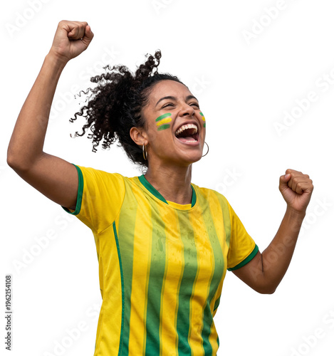 Excited Brazilian woman football fan celebrating goal isolated on white