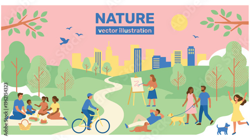 People enjoying nature vector illustration in urban park setting.