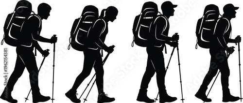 WebHiking Silhouette Vector Set, Mountain Trekking People, Backpacker Walking with Nordic Poles, Outdoor Adventure Icons, Expedition Travel Active Lifestyle Silhouette Collection