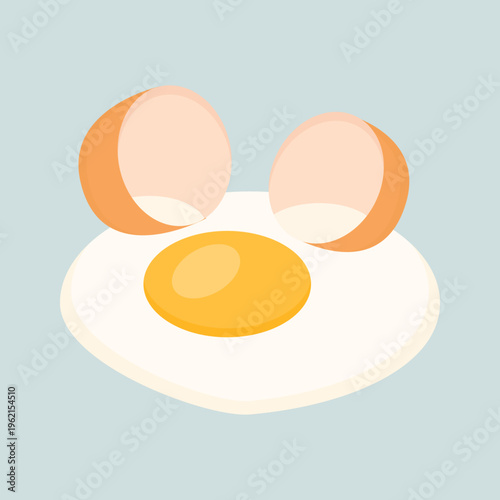 Cracked Egg with Broken Shell and Bright Yellow Yolk on Plate, Minimal Flat Food Illustration for Cooking, Breakfast Menu, Kitchen Ingredient Concept and Culinary Design