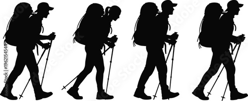 WebHiking Silhouette Vector Set, Mountain Trekking People, Backpacker Walking with Nordic Poles, Outdoor Adventure Icons, Expedition Travel Active Lifestyle Silhouette Collection
