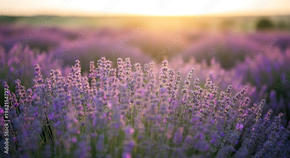 Obraz premium Lavender Fields in Full Bloom During Sunrise in a Quiet Countryside Setting in Summer