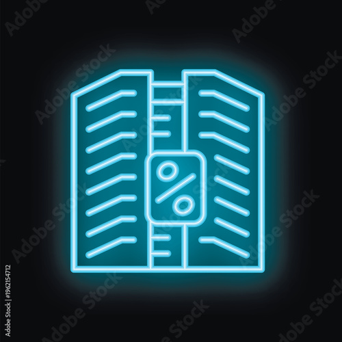 Blue neon icon of a building with an interest rate sign, representing the concept of mortgage loan interest deduction