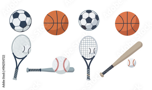 Dynamic collection of various sports equipment for popular athletic games, including soccer balls, basketballs, tennis rackets with balls, and baseball bat with ball, essential for play