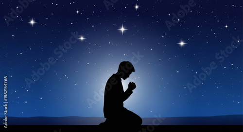 Silhouette of a person kneeling in prayer under a starry night sky with a glowing moon