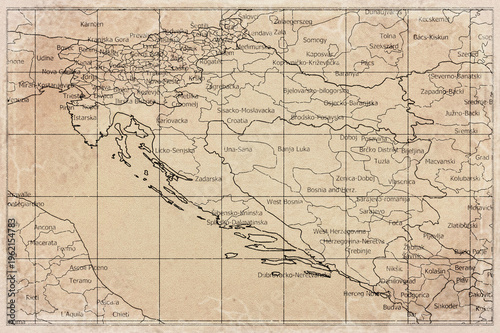 Foto Vintage Map Of Croatia With County Boundaries On Retro Paper Background